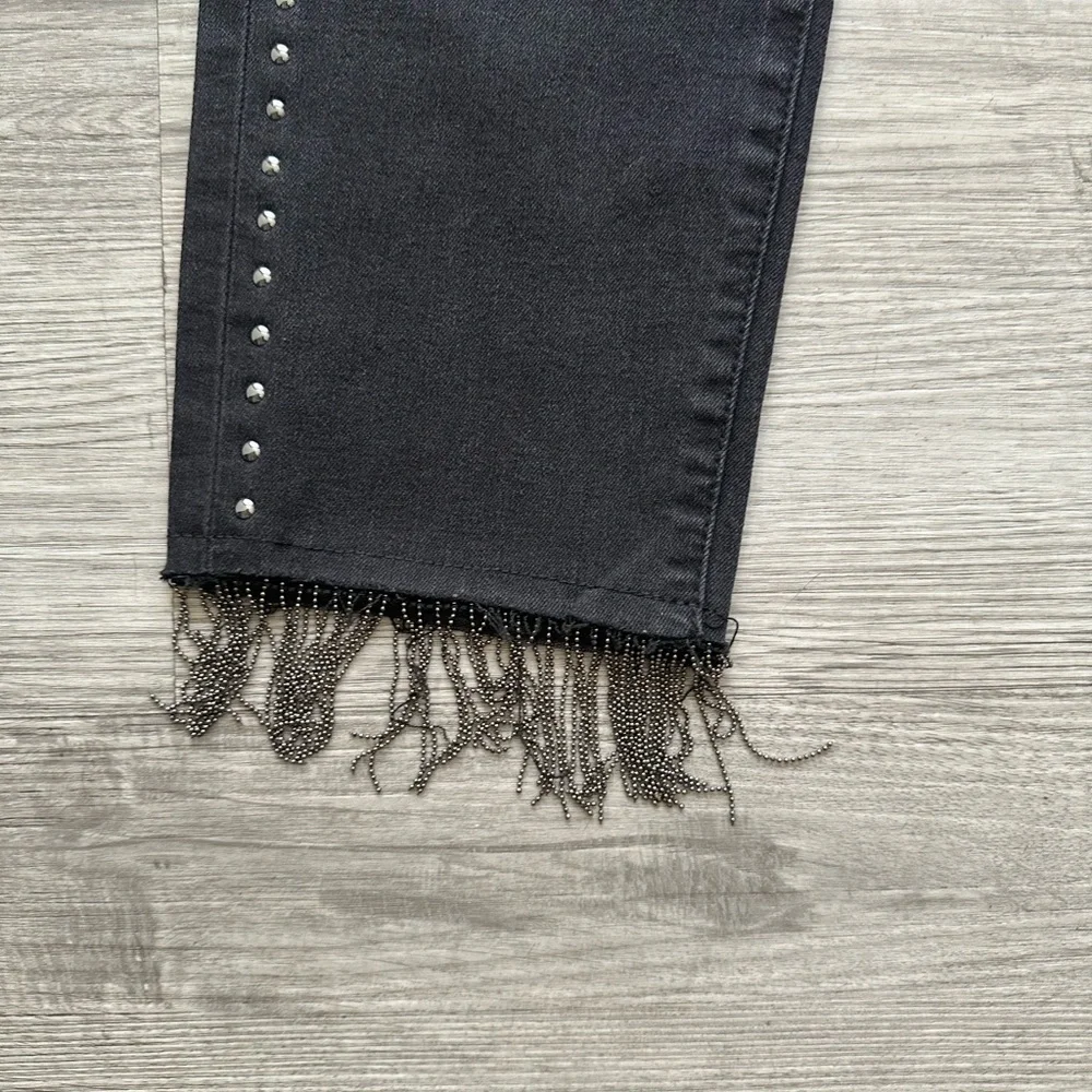 DG2 Diane Gilman Embelish Side Stripe Fringe-Hem cropped Jean Black Sz 6P